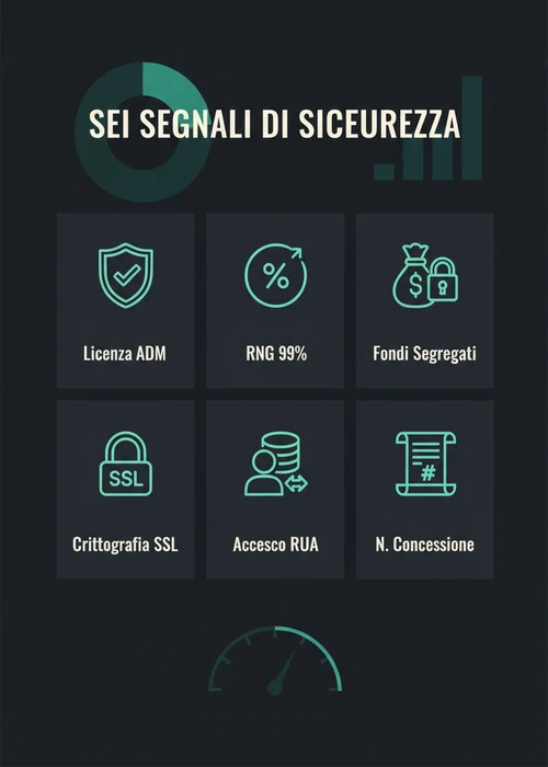 Grafico che illustra i fattori di sicurezza nei casinò online, con icone di licenze, crittografia e gioco responsabile.