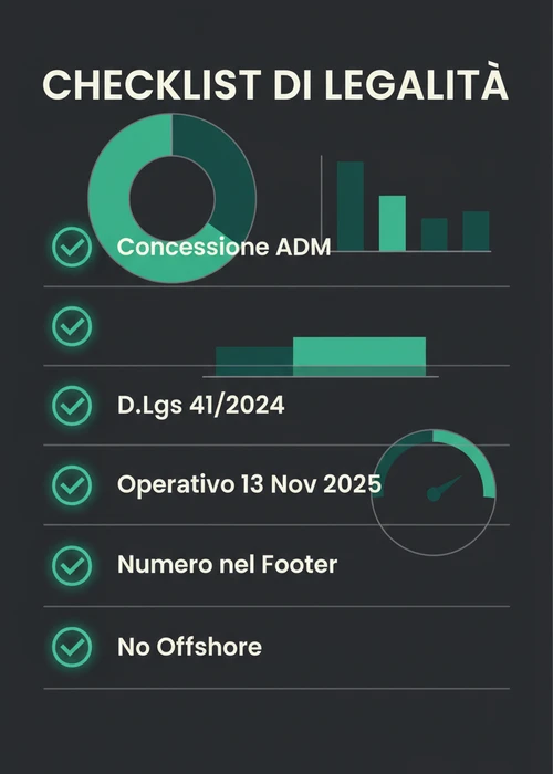Icona stilizzata di bilancia della giustizia con logo ADM e bandiera italiana, simbolo di legalità nel gioco d'azzardo online