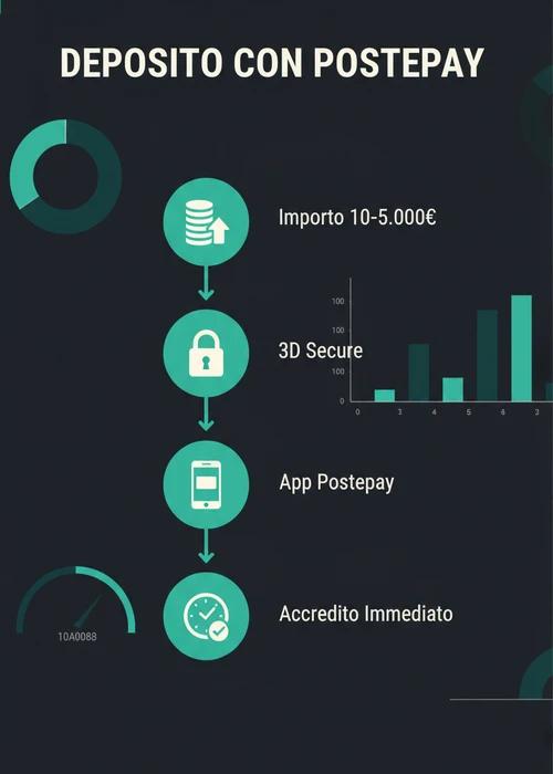 Una carta Postepay e simboli di gioco d'azzardo su uno sfondo che evoca un casinò online italiano.